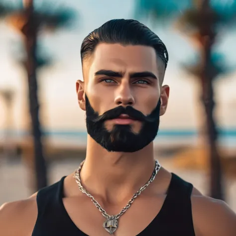 A hyper-realistic image of a man with a neatly trimmed beard and mustache, expressive light eyes, and medium eyebrows. His hair is military-styled, shaved on the sides with the top styled in a recruit fashion. He wears two silver chains with cross pendants...