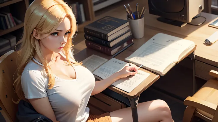 blond woman sitting at a desk with a book and pencil, oppai, official splash art, streaming on twitch, grading, latin writing, in the high school gym, jean, downward gaze, hgh, calculus, wearing tight shirt, female-focus, craft, song