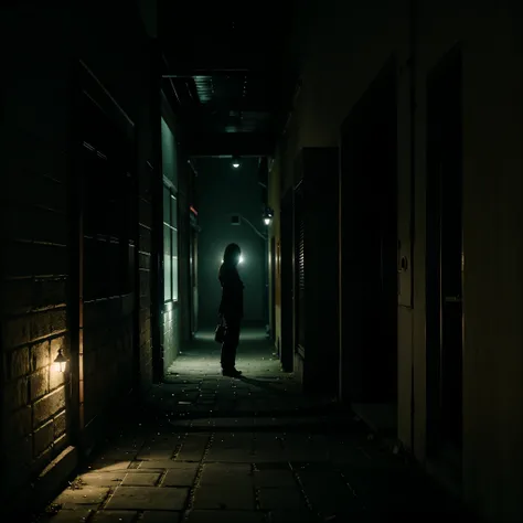 Uns calle solitaria de noche, espacio liminal, there is a strange creature in the shadows 