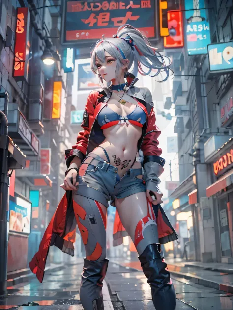 (photorealistic:1.8, highest quality:1.8,8K masterpiece:1.8,High resolution,muste piece:1.8,RAW Photos,cinematic lighting),No split screen, cyber punk、Back alley of the city at night、rain-soaked ground、vapor、 (1 android girl:1.3)、Completely naked、full body...