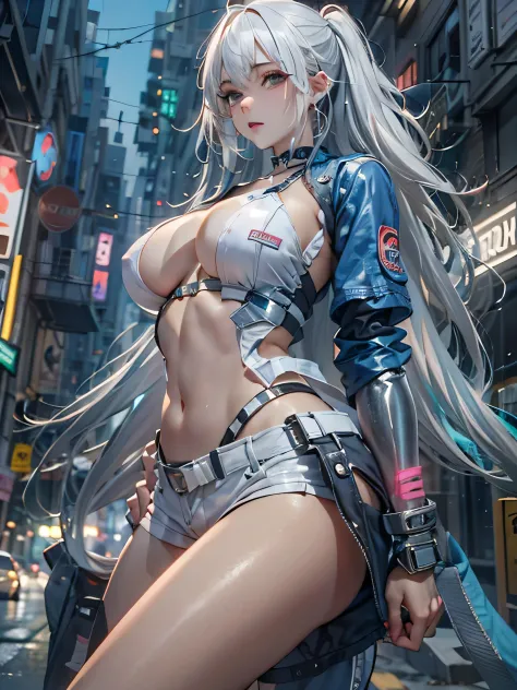 (photorealistic:1.8, highest quality:1.8,8K masterpiece:1.8,High resolution,muste piece:1.8,RAW Photos,cinematic lighting),No split screen, cyber punk、Back alley of the city at night、rain-soaked ground、vapor、 (1 android girl:1.3)、Completely naked、full body...