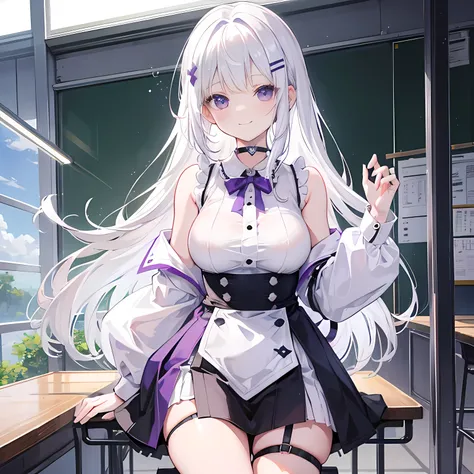 White haired girl, Wide purple eyes, small mouth, cute and adorable face, smile cheerfully, knee length hair, bangs, hairpins, black choker, , large breasts, ,  fair skin, classroom setting, one person, upper body shot, natural lightning, center,