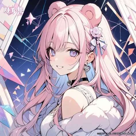 ,beautiful flower々）,mole under eye, heart shaped choker, (masterpiece, highest quality), official art, beautiful and aesthetic: 1.2), (1 girl), very detailed, (geometry art: 1.3), colorful、pink bob hair、bear ears、 whole body、smile