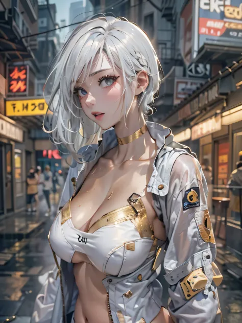 (photorealistic:1.8, highest quality:1.8,8K masterpiece:1.8,High resolution,muste piece:1.8,RAW Photos,cinematic lighting),No split screen, cyber punk、Back alley of the city at night、rain-soaked ground、vapor、
(1 android girl:1.3)、Completely naked、full body...