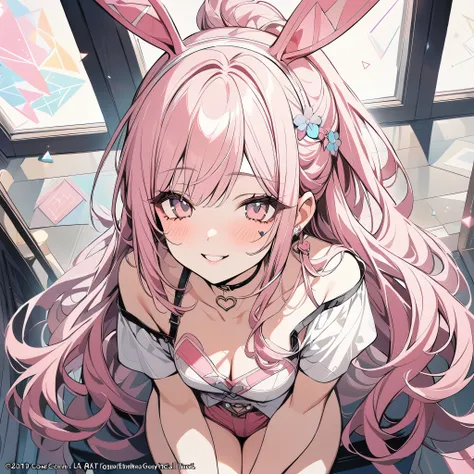 ,beautiful flower々）,mole under eye, heart shaped choker, (masterpiece, highest quality), official art, beautiful and aesthetic: 1.2), (1 girl), very detailed, (geometry art: 1.3), colorful、pink bob hair、Bunny ears、 whole body、smile