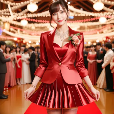 An arafi woman wearing a red dress and jacket standing on the red carpet, wearing red formal clothes, red suit, sakimichan HDRI, satin, elegant smile pose, wearing a red costume, wearing a fashion suit, luxury suit, girl in a suit, red color is dominant, s...