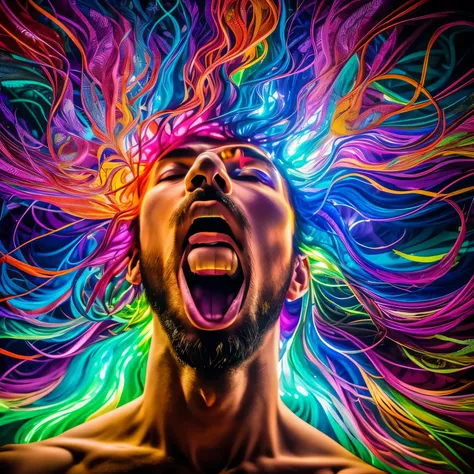 Realistic photography. Vibrant, psychedelic portrait of an ayahuasquero exhaling in mid-chant from his opened mouth, ethereal light energy woven with embedded information streaming forth in a torrent of prismatic color and blossoming, conscious geometries....