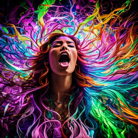 Realistic photography. Vibrant, psychedelic portrait of an ayahuasquero exhaling in mid-chant from his opened mouth, ethereal light energy woven with embedded information streaming forth in a torrent of prismatic color and blossoming, conscious geometries....