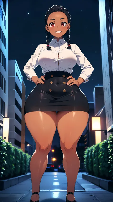 4K Quality, (cute black girl), ((sexy hands on hips pose)), (cute smile), ((black cornrows)), ((dark skinned)), (black and white skirt and shirt), ((thick thighs)), big breasted, big ass, (facing the viewer), (in the city), ((red eyes)), (night time) 