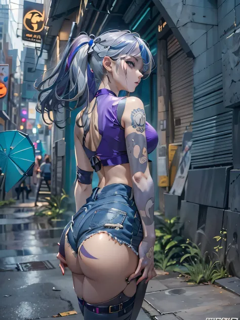 (photorealistic:1.8, highest quality:1.8,8K masterpiece:1.8,High resolution,muste piece:1.8,RAW Photos,cinematic lighting),No split screen, cyber punk、Back alley of the city at night、rain-soaked ground、vapor、 (1 android girl:1.3)、Completely naked、full body...