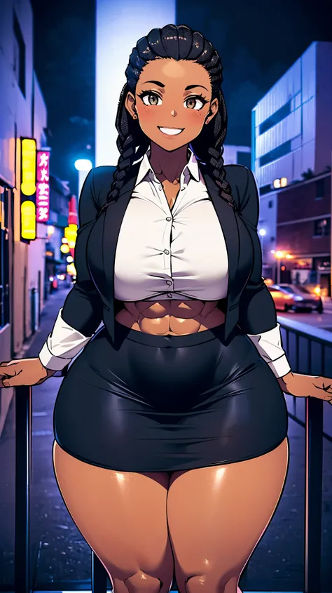 4K Quality, (cute black girl), (big smile), ((black cornrows)), ((dark skinned)), (black and white skirt and shirt), ((thick thighs)), abs, big breasted, big ass, (facing the viewer), (in the city), ((hazel eyes)), (night time) 