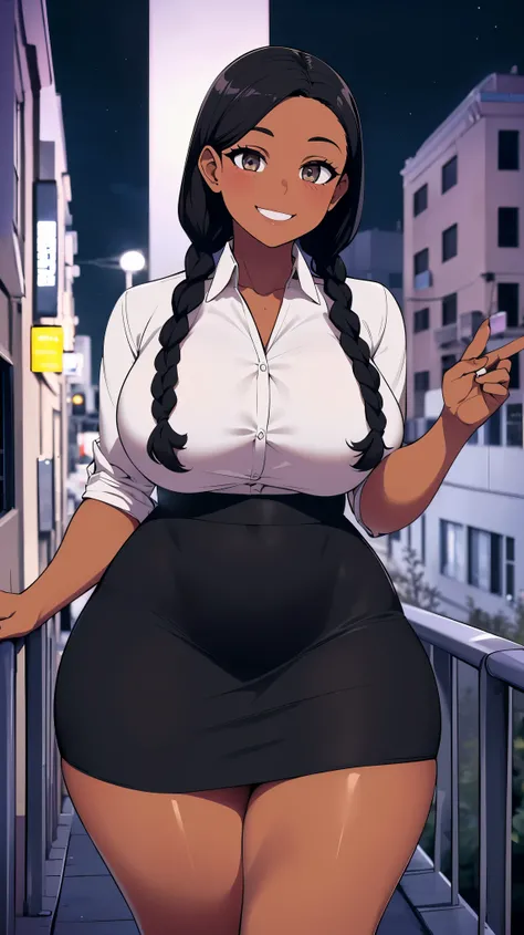 4K Quality, (cute black girl), (big smile), ((black cornrows)), ((dark skinned)), (black and white skirt and shirt), ((thick thighs)), big breasted, big ass, (facing the viewer), (in the city), ((hazel eyes)), (night time) 