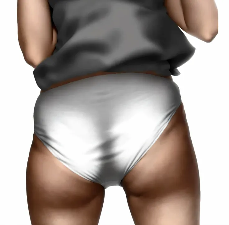 ((masterpiece, best quality)), ((33 year old)), (((Curvy))), ((Black woman)), in ((white fullback cotton panties)), beige shirt, ((Large hips)), cropped shot, (((photo realistic)))