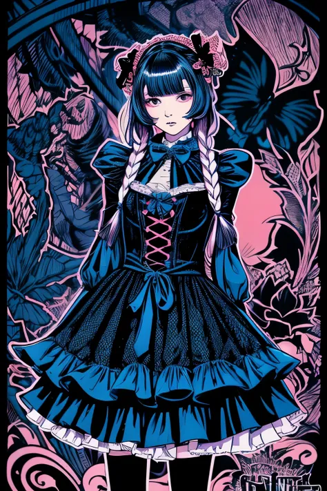 Beautiful Hardcore Illustration homepage illustration style, dark, high resolution, hard touch illustration, strong outline, two girls, gothic & lolita style, gothic & lolita fashion, 8k, American comic style, colorful background, Hiroyuki Nagasaka, aggres...