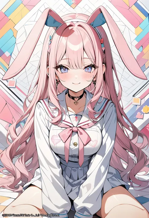 ,beautiful flower々）,mole under eye, heart shaped choker, (masterpiece, highest quality), official art, beautiful and aesthetic: 1.2), (1 girl), very detailed, (geometry art: 1.3), colorful、pink bob hair、Bunny ears、 whole body、smile、college uniform