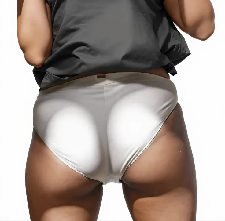 ((masterpiece, best quality)), ((33 year old)), (((Curvy))), ((Black woman)), in ((white fullback cotton panties)), beige shirt, ((Large hips)), cropped shot, (((photo realistic)))