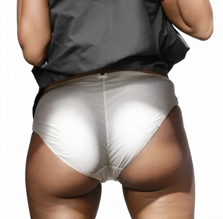 ((masterpiece, best quality)), ((33 year old)), (((Curvy))), ((Black woman)), in ((white fullback cotton panties)), beige shirt, ((Large hips)), cropped shot, (((photo realistic)))