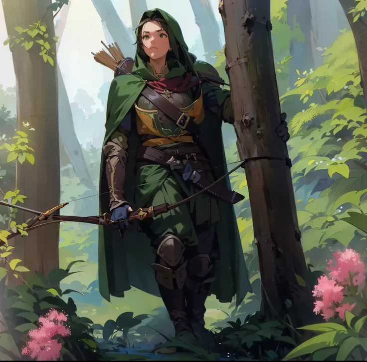 a woman，European medieval archer，Ranger，戴着Ranger帽，Wearing brown and green cloth，Holding a bow and arrow，A quiver hanging from the back，Stand in the forest。Medium shot composition，full body pictures，Characters and scenes，Anime illustration style，watercolor ...