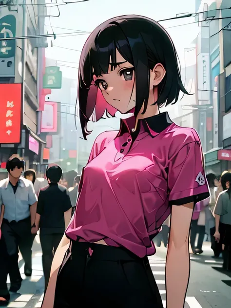 40&#39; No bra, lower body, Japanese, very short, pubic hair, transparent, small breasts, embarrassing, Shyness, worries, Black hair, magenta polo shirt, short sleeves, arms, black pants (a large crowd gathers)、(on the streets of tokyo