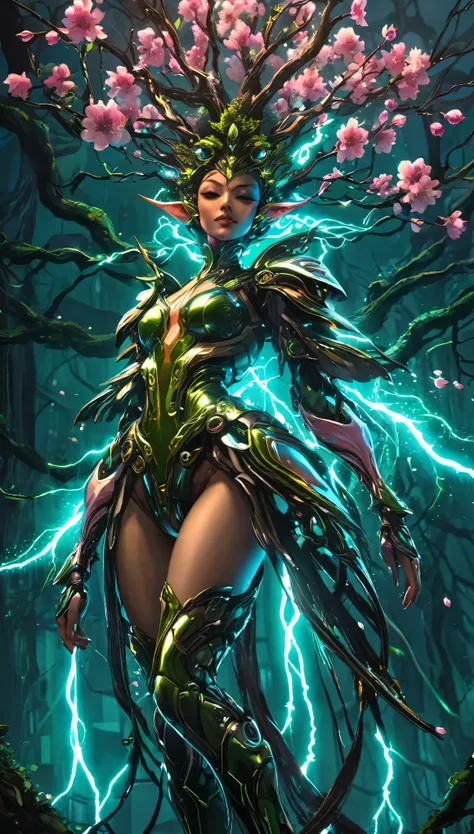 (Rainha)，(Cyberpunk Treeman)，metal foil，Ramo com fio，eyepiece mechanical shell with bright light，casca coberta de musgo，roupa de tribo，figura majestosa，(marcas tribais antigas)，Control the tendrils that extend from the arms，Neon lights dance on the body，(L...