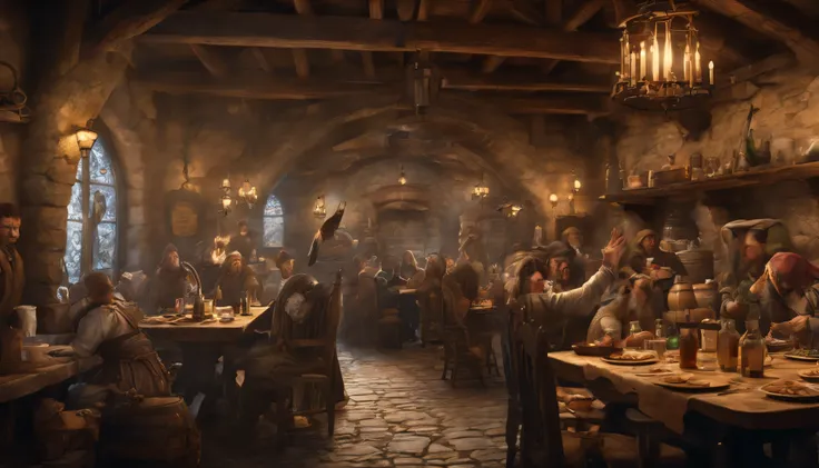 high fantasy, Crowded inn with restaurant, medieval background