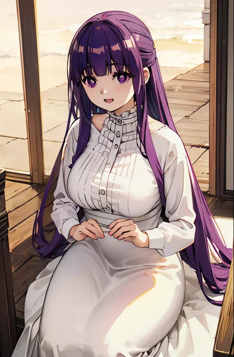 purple hair、long hair、big breasts、pure white wedding dress、happy face、sunshine、