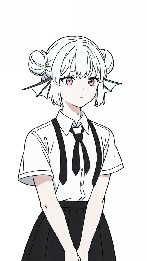 1girl,20 years old,solo,(white background,line drawing),long hair,white hair,finana,twintails,double bun,((white shirt,short sleeves,black standart tie,black skirt)),put your hands in front,upper body,afraid,teeth,sad