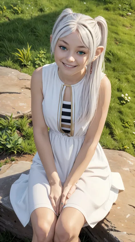 (high quality, high resolution:1.3), 4k, masterpiece, detailed background, scenery,
BREAK
1girl, solo, from below,sitting, Frieren, green eyes, white hair, pointy ears, smile, feet, white panties, dress lift