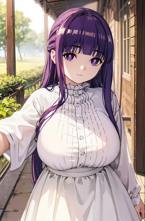 purple hair、long hair、big breasts、pure white wedding dress、happy face、sunshine、date、highest image quality