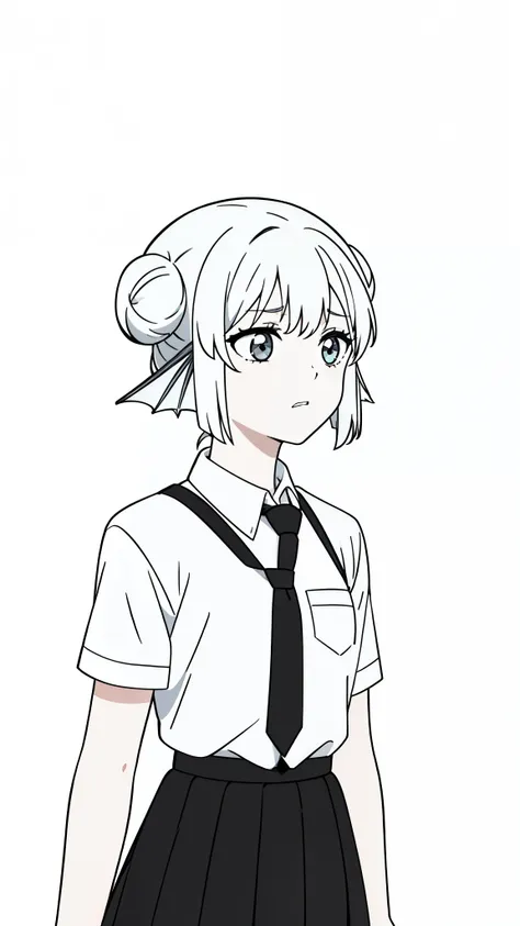 1girl,20 years old,solo,(white background,line drawing),long hair,white hair,finana,twintails,double bun,((white shirt,short sleeves,black standart tie,black skirt)),put your hands in front,upper body,afraid,teeth,sad