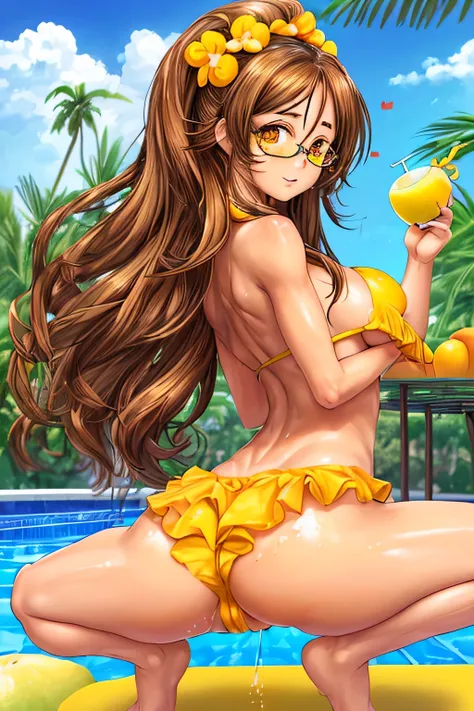 High resolution, high quality, 1 girl, anime girl, brown long hair, brown eyes,heart-shaped pupil, Green glasses, tanned skin, big breasts,beautiful breasts,long nipples,erect nipples,Yellow shower,spread pussy,widen the anus, (big ass),beautiful butt,whit...