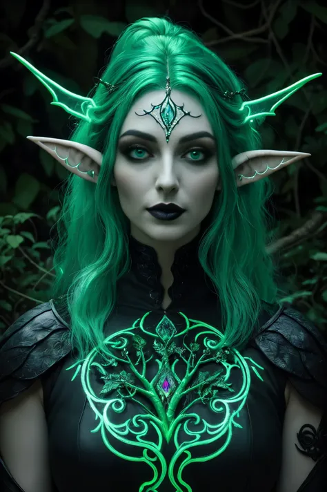 , photograph of a gothic elf, Pele branca, tronco, cabelo verde, floresta, realismo, UV intrincado_fluorescence, gradiente, colorida, brilhante