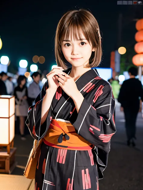 (Close up face shot of slender small-breasted round face brown short hair with bangs girl in a long sleeves Japanese Yukata:1.5)、(One girl is walking at the night festival in Japan at night with small smile:1.5)、(blurred background:1.5)、(perfect anatomy:1...