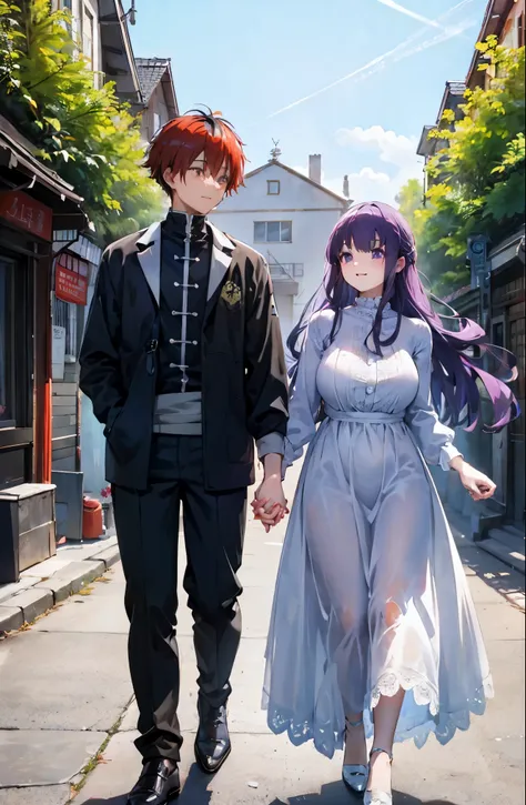 purple hair、long hair、big breasts、pure white wedding dress、happy face、sunshine、date、highest image quality、シュタルクとdate、hold hands ...