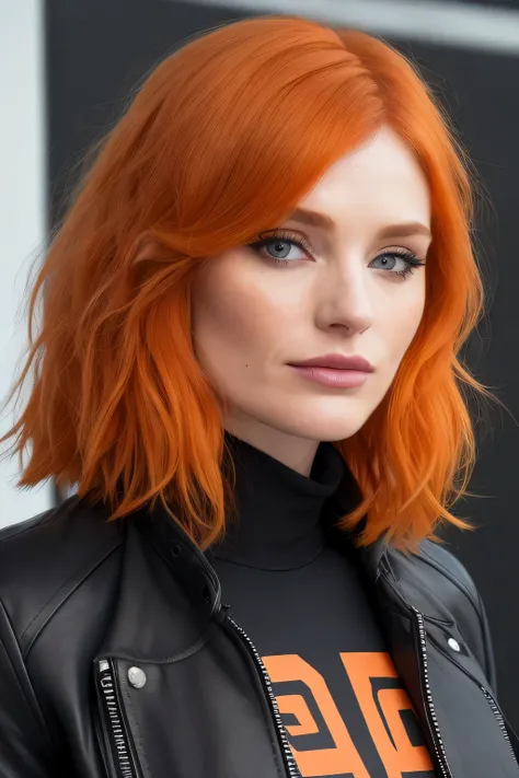 a photo of a seductive woman with loose styled (orange shor chanel hair:1.1), bryce dallas howard, dark blue eyes, bored, she is wearing a black leather jacket and leggings, mascara, white skin, (textured skin, skin pores:1.1), goosebumps, flawless face, (...