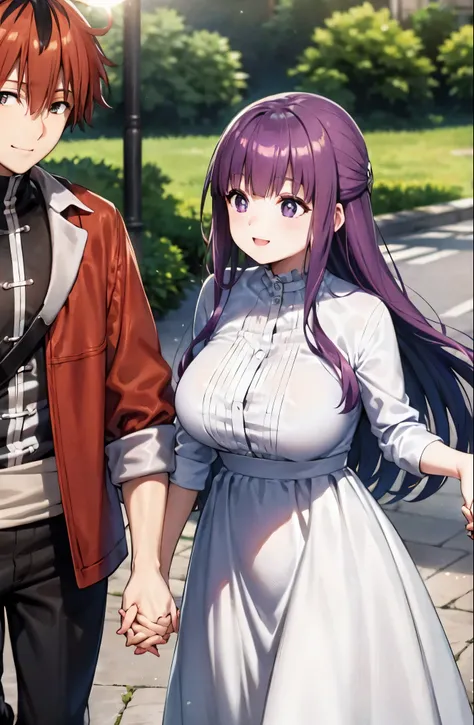 purple hair、long hair、big breasts、pure white wedding dress、happy face、sunshine、date、highest image quality、シュタルクとdate、hold hands ...