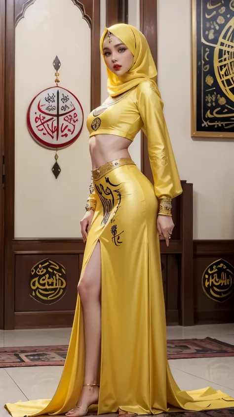 yellow long hijab, long skirt, (((accurate islamic calligraphy in background))), perfect face, blue eyes, juicy lips, red lips, ...