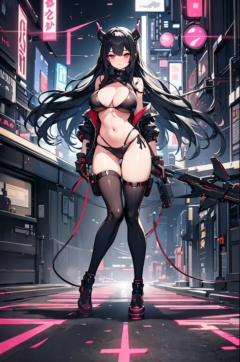 best quality, superbly attractive demon girl, slim thick build waifu, leather jacket, leather bikini, almost naked, less clothing, huge breasts, slim waist, wide hips, thick thighs, futuristic ornaments, hyperdetailed future cityscape, in style of digital ...