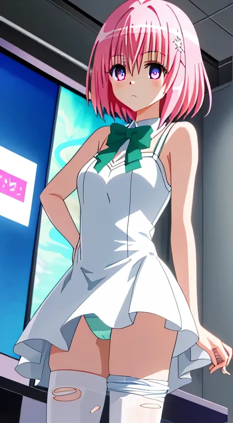 Mast, best quality, 1 girl, momo belia deviluke (to love ru), glass pink hair, glass eyes, short hair, headband, hair accessories, looking at the audience, front view, hands out if frame, see through undergarments, pale white skin, ass plug fox tail, sniff...