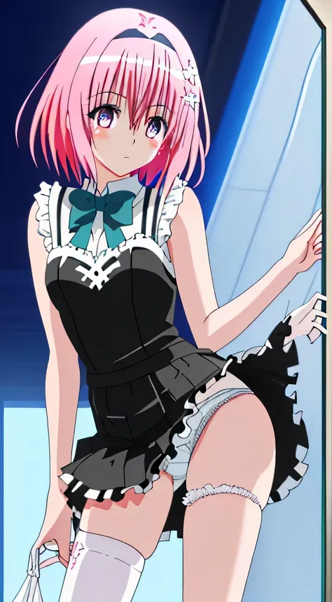 Mast, best quality, 1 girl, momo belia deviluke (to love ru), glass pink hair, glass eyes, short hair, headband, hair accessories, looking at the audience, front view, hands out if frame, see through undergarments, pale white skin, ass plug fox tail, sniff...