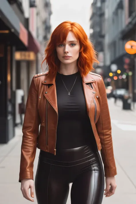 a photo of a seductive woman with loose styled ( red chanel hair:1.1),  Bryce Dallas Howard, enjoyed, in street,night, she is wearing an brown leather jacket and leggings, no makeup, natural face, white skin, (textured skin, skin pores:1.1), goosebumps, fl...