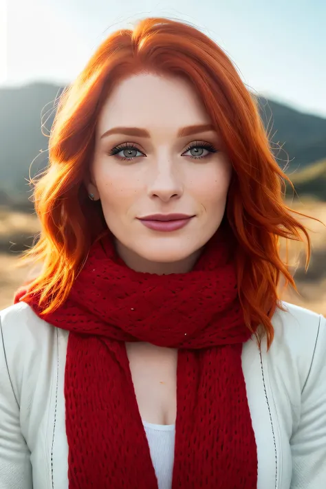 a photo of a seductive woman with loose style (red chanel hair:1.1), Bryce Dallas Howard, with corner smile, she is wearing a scarf around the neck of red color, white blouse and brown leather jacket, mascara, white skin (textured skin, skin pores:1.1), go...