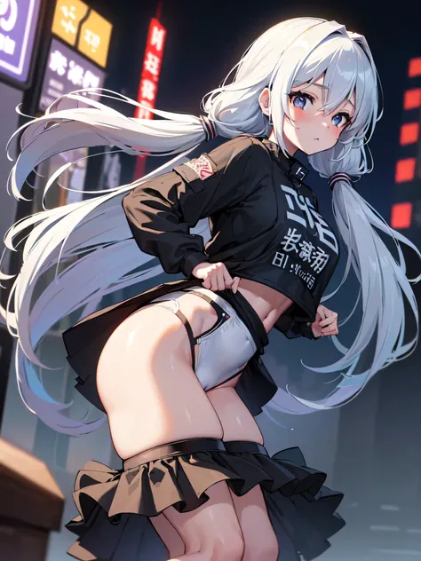 All intricate details: "(masterpiece, best quality, HuTaoV4, 1girl, solo, blush, twintails, long hair, hair between eyes, ((streetwear clothes)), city, outdoors, night, movie poster, extremely detailed 8K, fir breats, medium breasts, smooth, high resolutio...