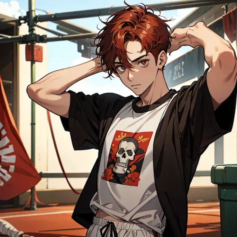 20 year old man, con ojos amarillos, short light brown hair with red tips, camiseta blanca con mangas y una calavera negra en el pecho, pantalones negros y tennis rojos. Estilo anime