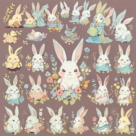 rabbit、multiple facial expressions、cute anthropomorphic rabbit、cute fairy tale characters、colorful colors、Super high quality、super delicate、Character design drawings、Looks like a whole body、multiple poses、