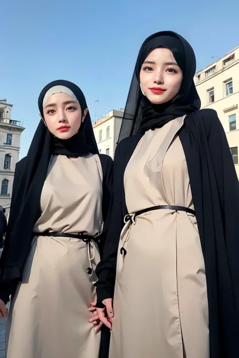 Threesome girls, wear hijabs, ((Best quality, 8k, Masterpiece :1.37), multiple people wear hijab, Big breasts:1.5, (three girl hijabs moslem), Beautiful face, Ultra-HD Face, Face Lighting, Lips laughed lightly, position:Standing, ((Take a photo from below ...