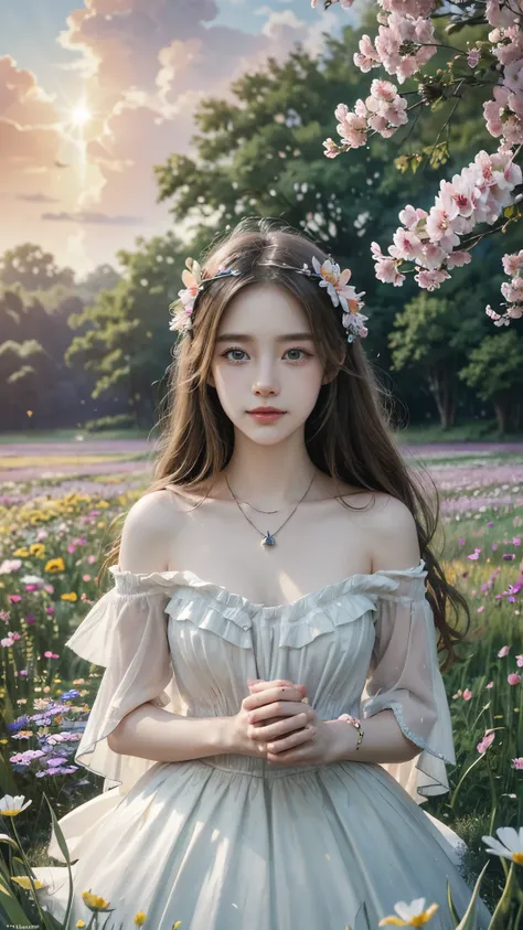 masterpiece, best quality, official art, extremely detailed CG unity 8k wallpaper, highly detailed, absurdres, Panorama, Depth of field, telephoto lens, angel, looking afar, looking away, skirt lift, in spring, sunset, rainbow, (((flower field))), (((flowe...