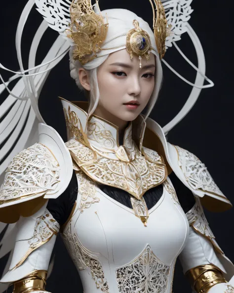 a close up of a sculpture of a woman, a surrealist sculpture, inspired by Joong Keun Lee, intricate white armor, fractal automaton, perfect android girl, paper cut art, many wires attached to her, sculpture of persephone, akihiko yoshida, petros afshar spe...