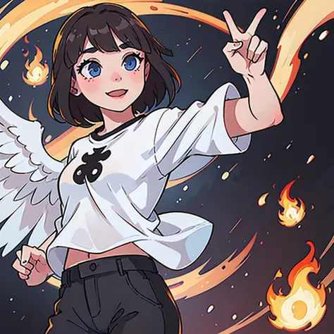 HIGH DETAILS,SHORT BROWN HAIR, WHITE SKIN ,SHE IS PRETTY, , PRETTY EYES , EYE LINER ON HER EYES, TINY EYES ,BLUE EYES, BLACK T-SHIRT, , BIG CHEST WHITE PANTS, SHE HAVE A  VERY BIG  WHITE WINGS,  SHE SMILE , BEHIND HER THERE ARE A FLAMES, 