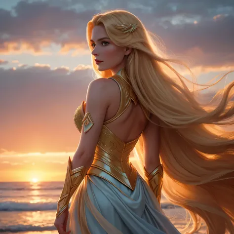 A captivating photograph of Grace Kelly transformed as She-Ra: The Princess of Power emerges in this stunning visual representation. Her long, golden blonde hair cascades down her back in soft waves, shimmering under the gentle sunset glow. The image is ca...